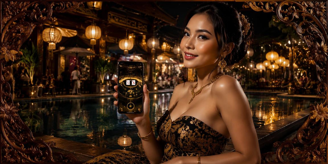Meja baccarat bercahaya neon dengan suasana casino premium yang imersif di malam hari