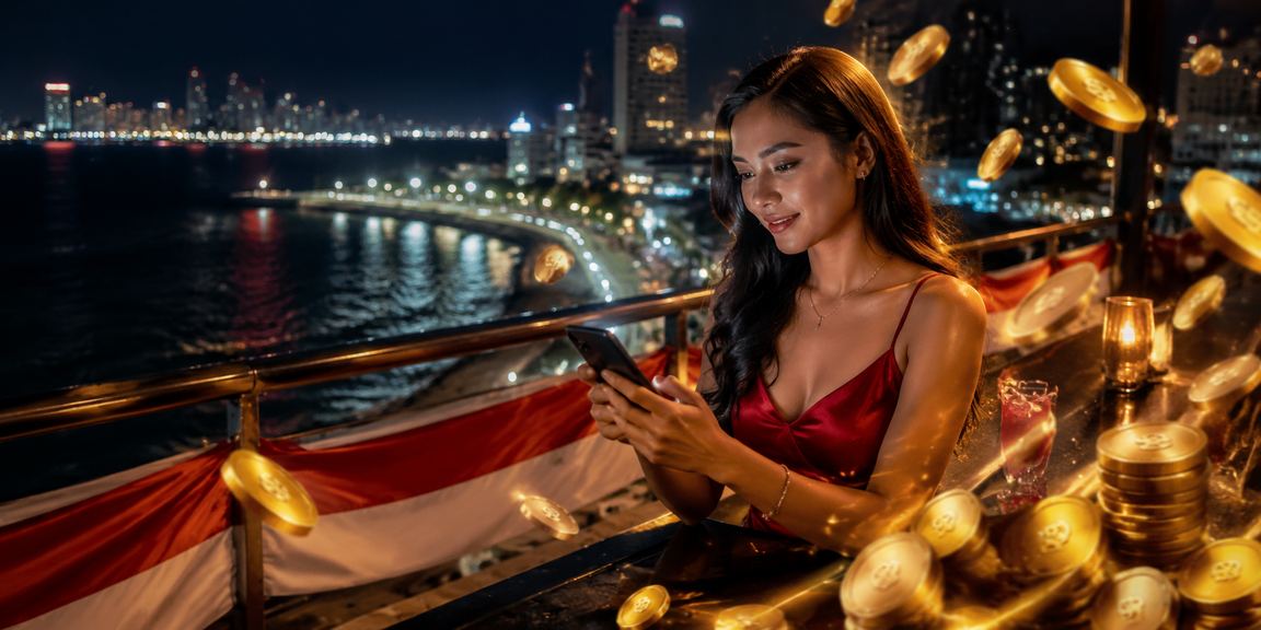 Pengguna bermain casino mobile di tepi pantai dengan angin sepoi dan ponsel di tangan